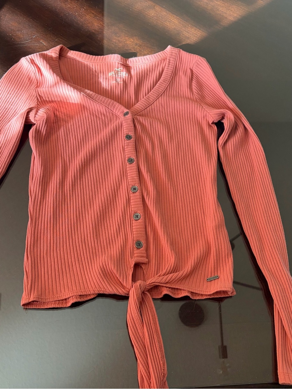 Hollister Ribbed Long-Sleeve Tie-Front Top — salmon pink